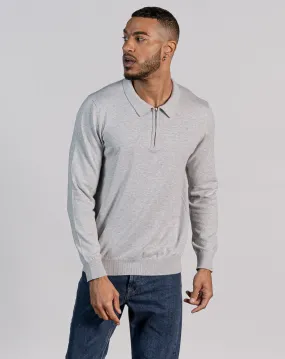 ESSENTIAL LONG SLEEVE ZIPPED NECK POLO - LIGHT GREY