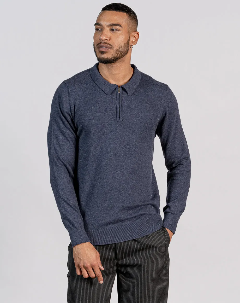 ESSENTIAL LONG SLEEVE ZIPPED NECK POLO | NAVY