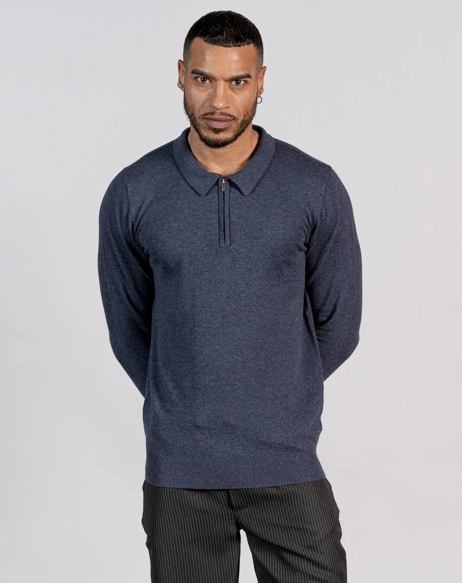 ESSENTIAL LONG SLEEVE ZIPPED NECK POLO | NAVY