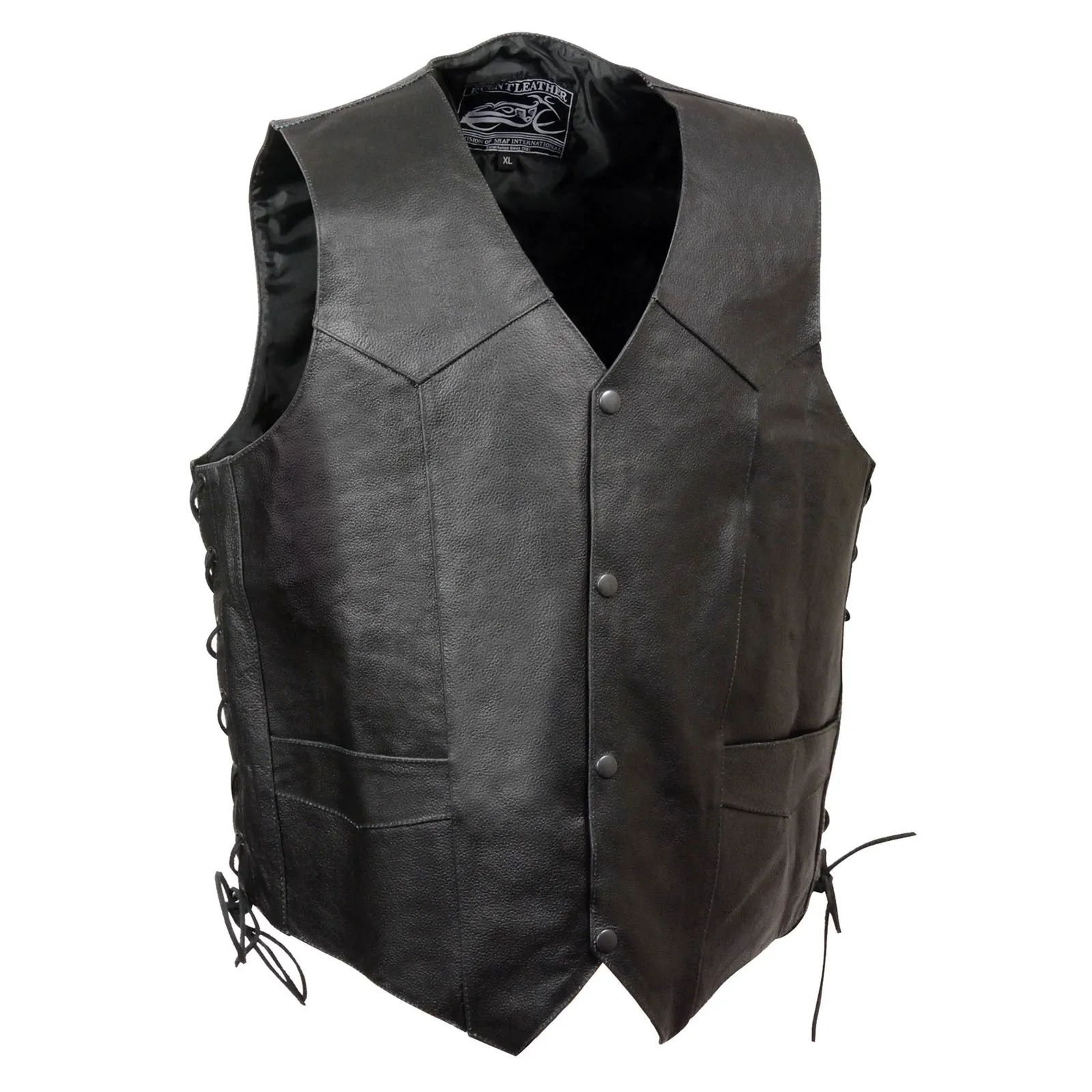 Event Leather ELM3940 Black Motorcycle Leather Side Lace Vest for Men w/ Eagle Head and Stars Emboss