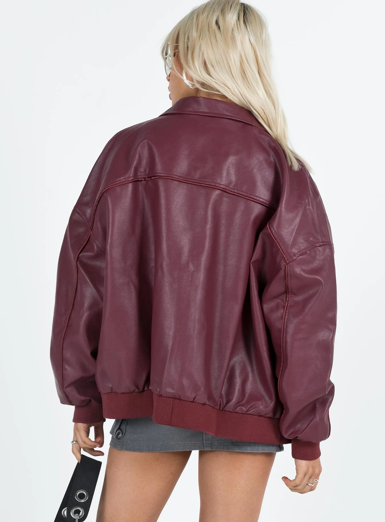 Fashionkova Goldsmith Faux Leather Bomber Jacket Burgundy