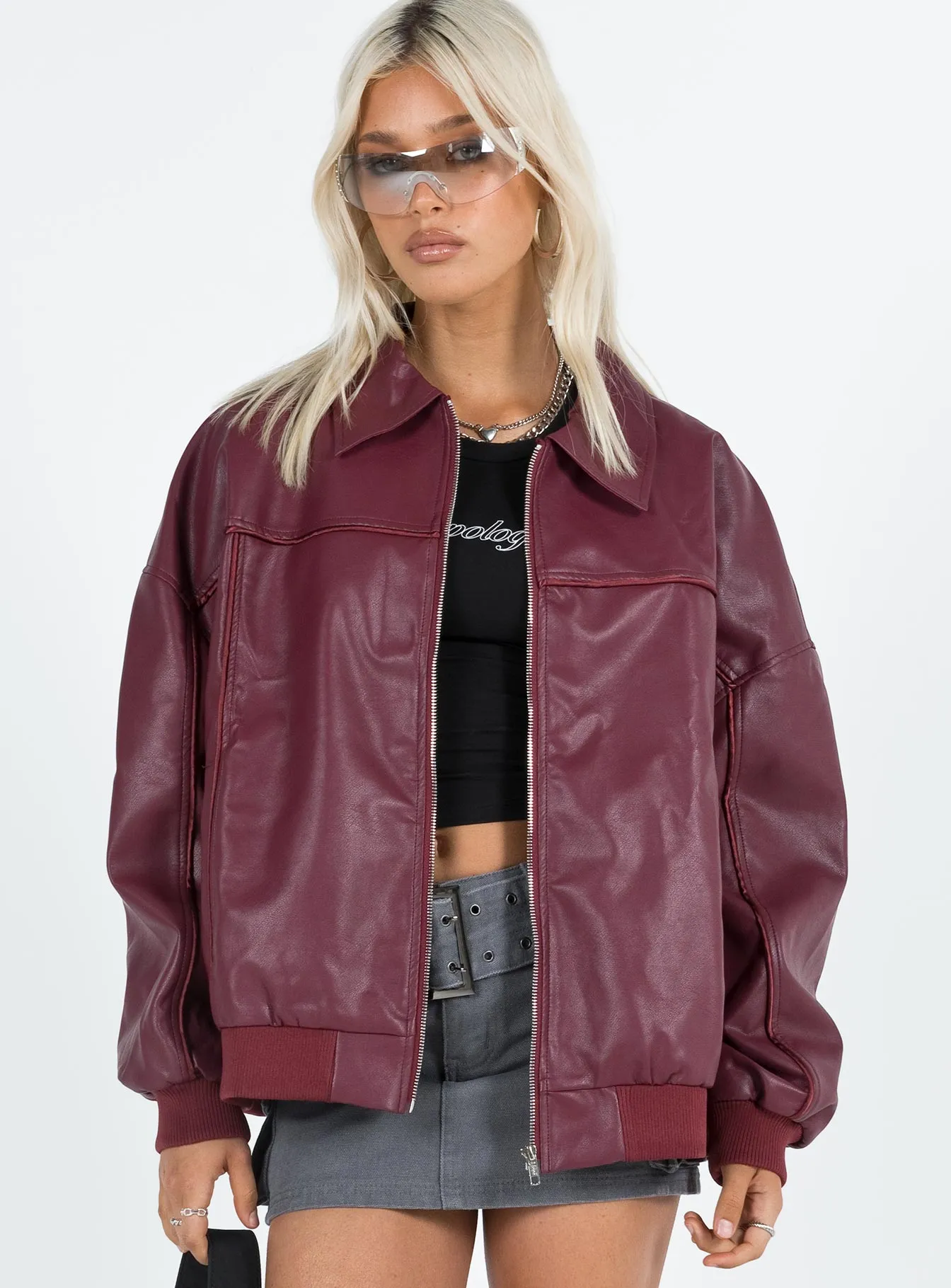 Fashionkova Goldsmith Faux Leather Bomber Jacket Burgundy