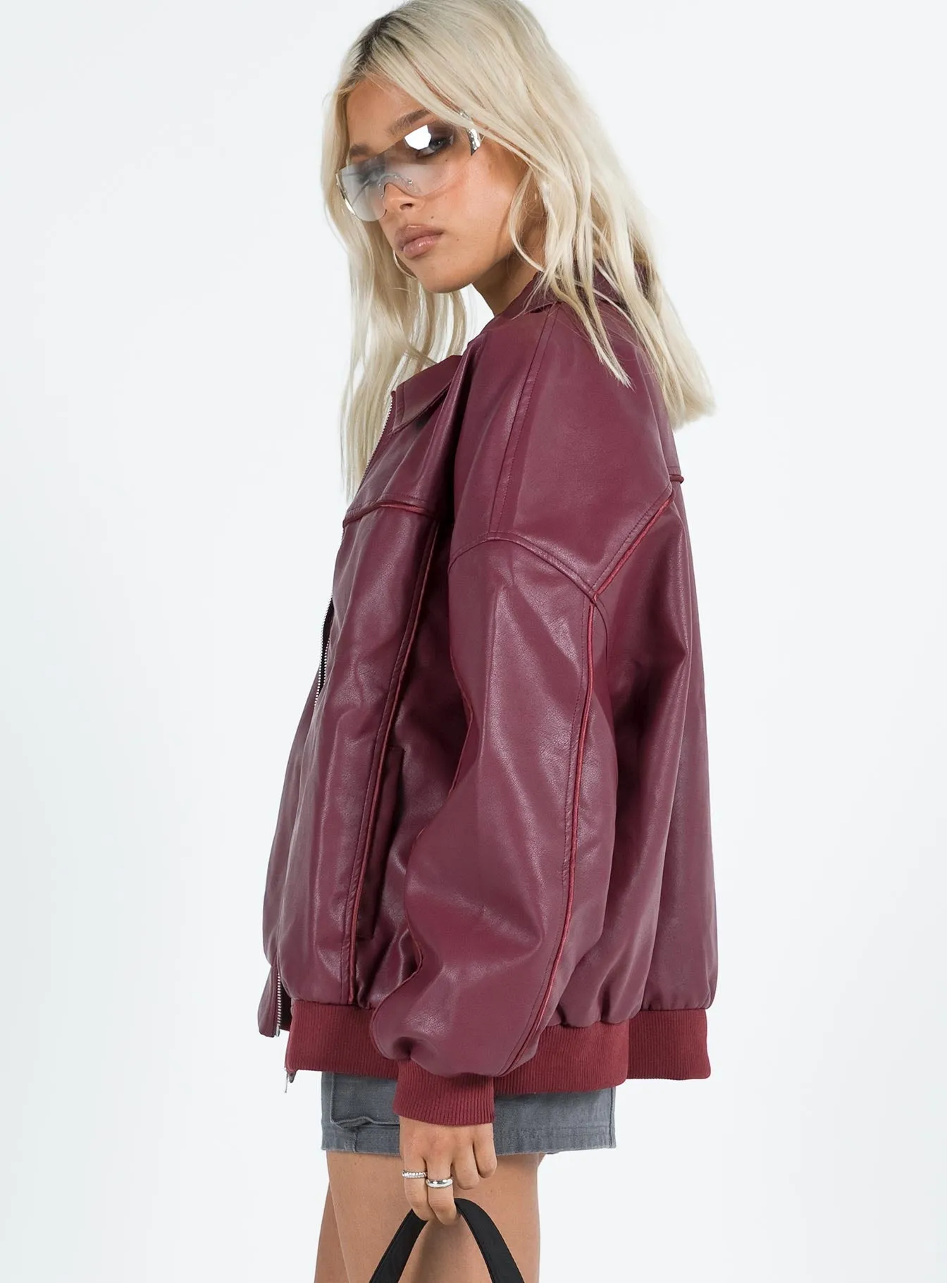 Fashionkova Goldsmith Faux Leather Bomber Jacket Burgundy