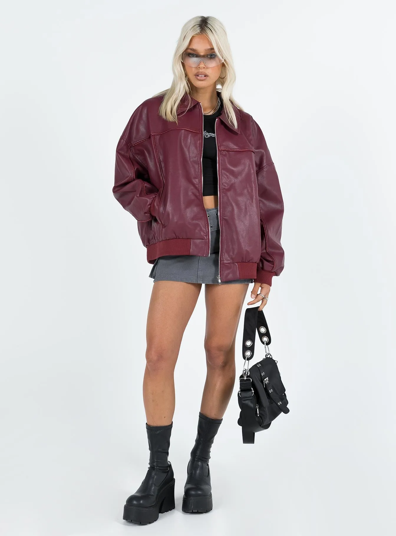 Fashionkova Goldsmith Faux Leather Bomber Jacket Burgundy