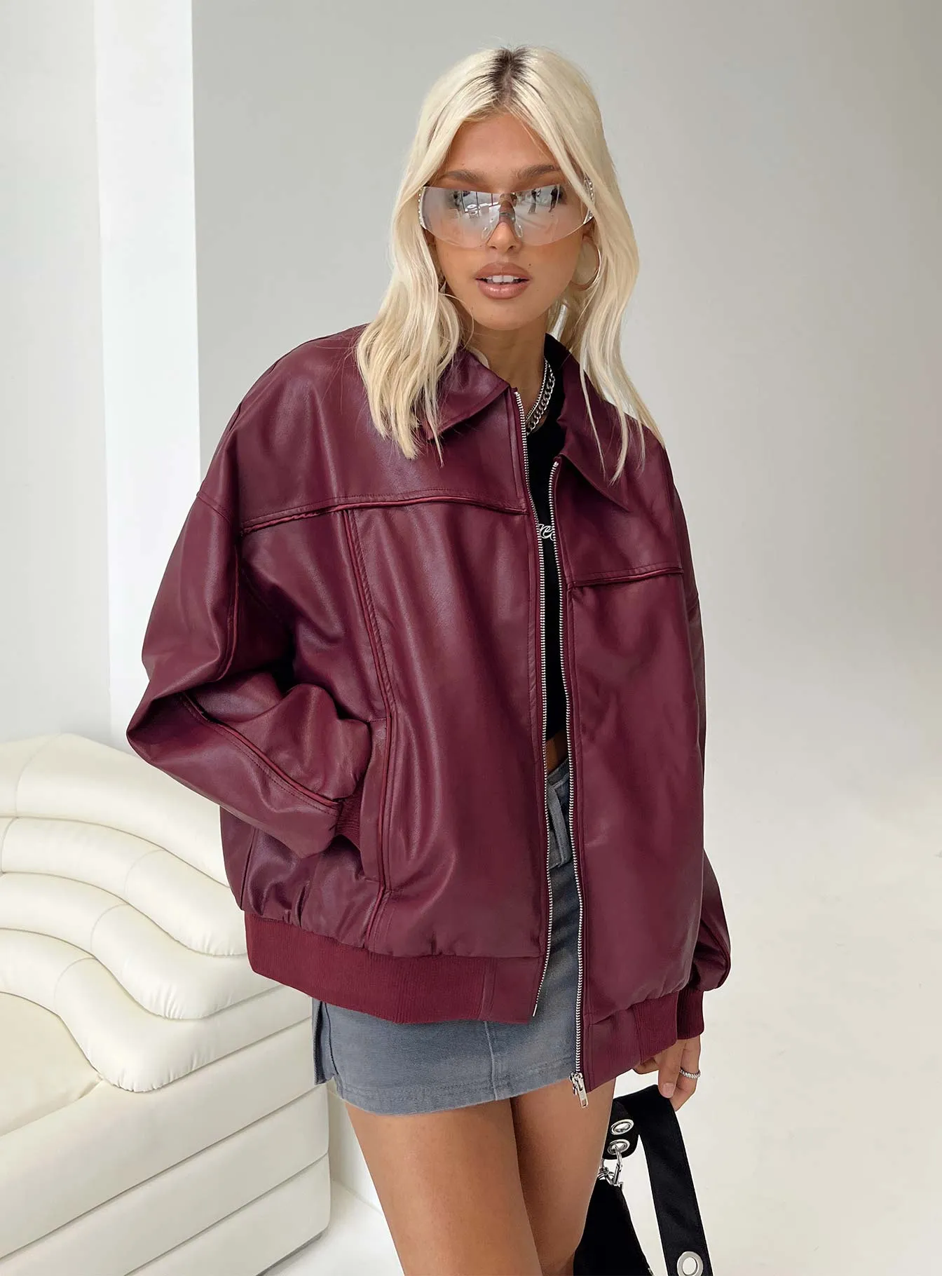 Fashionkova Goldsmith Faux Leather Bomber Jacket Burgundy