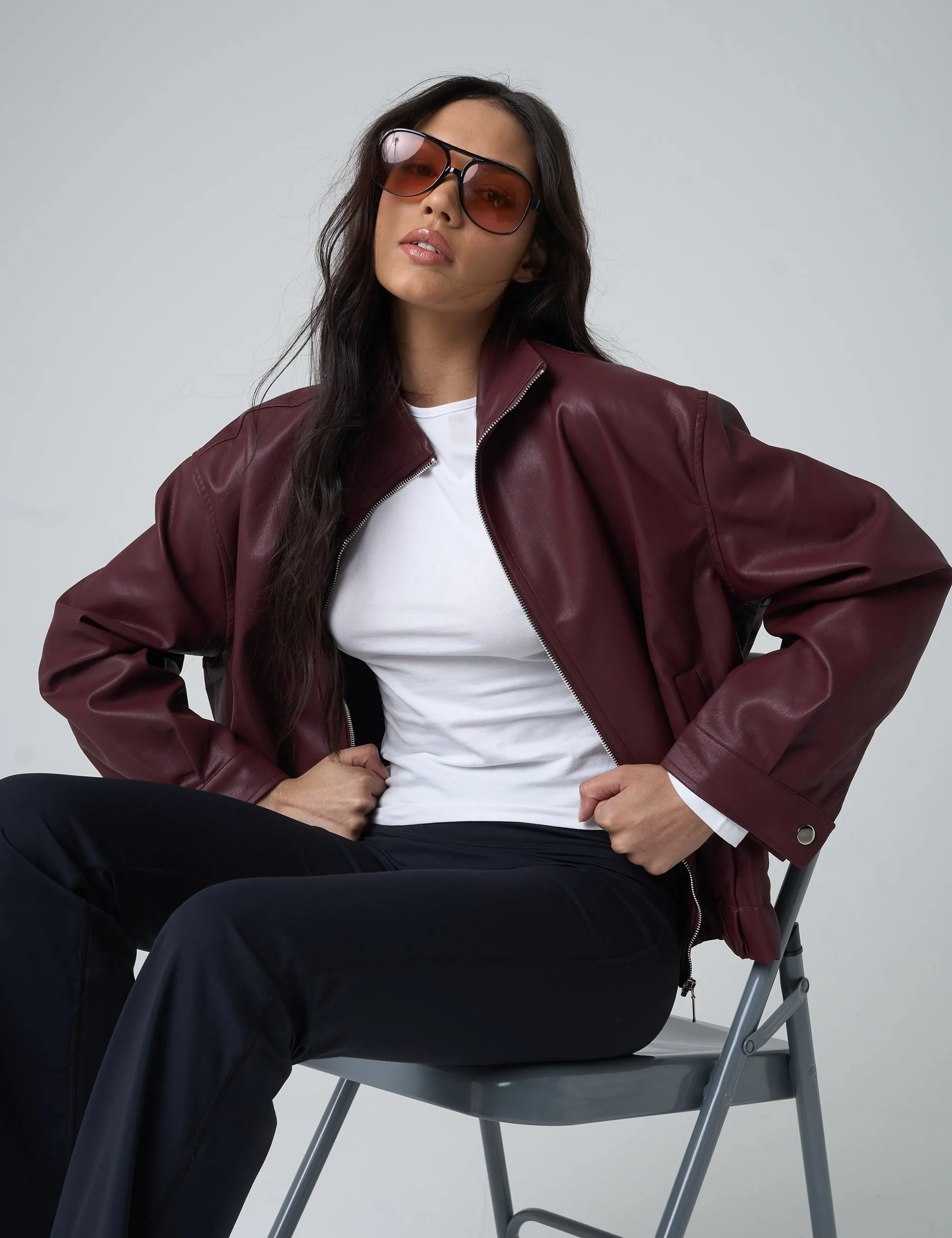 Faux Leather Oversized Bomber Jacket Burgundy