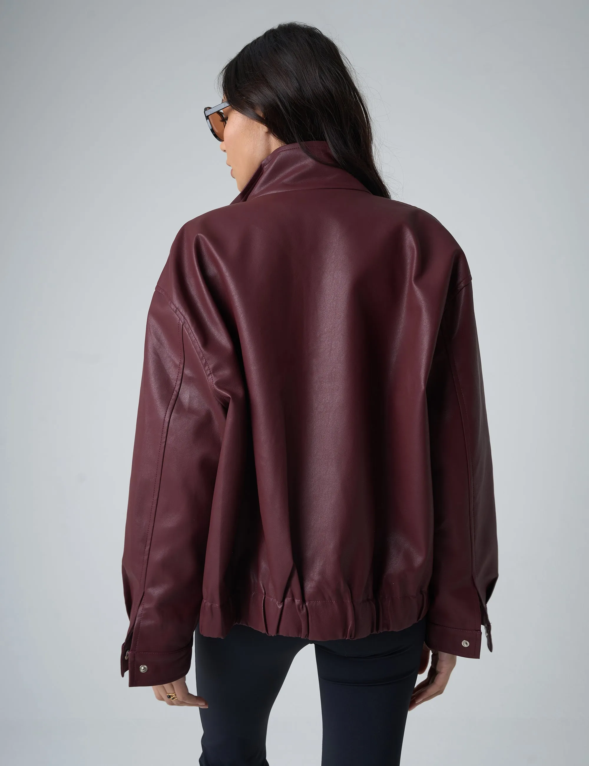 Faux Leather Oversized Bomber Jacket Burgundy