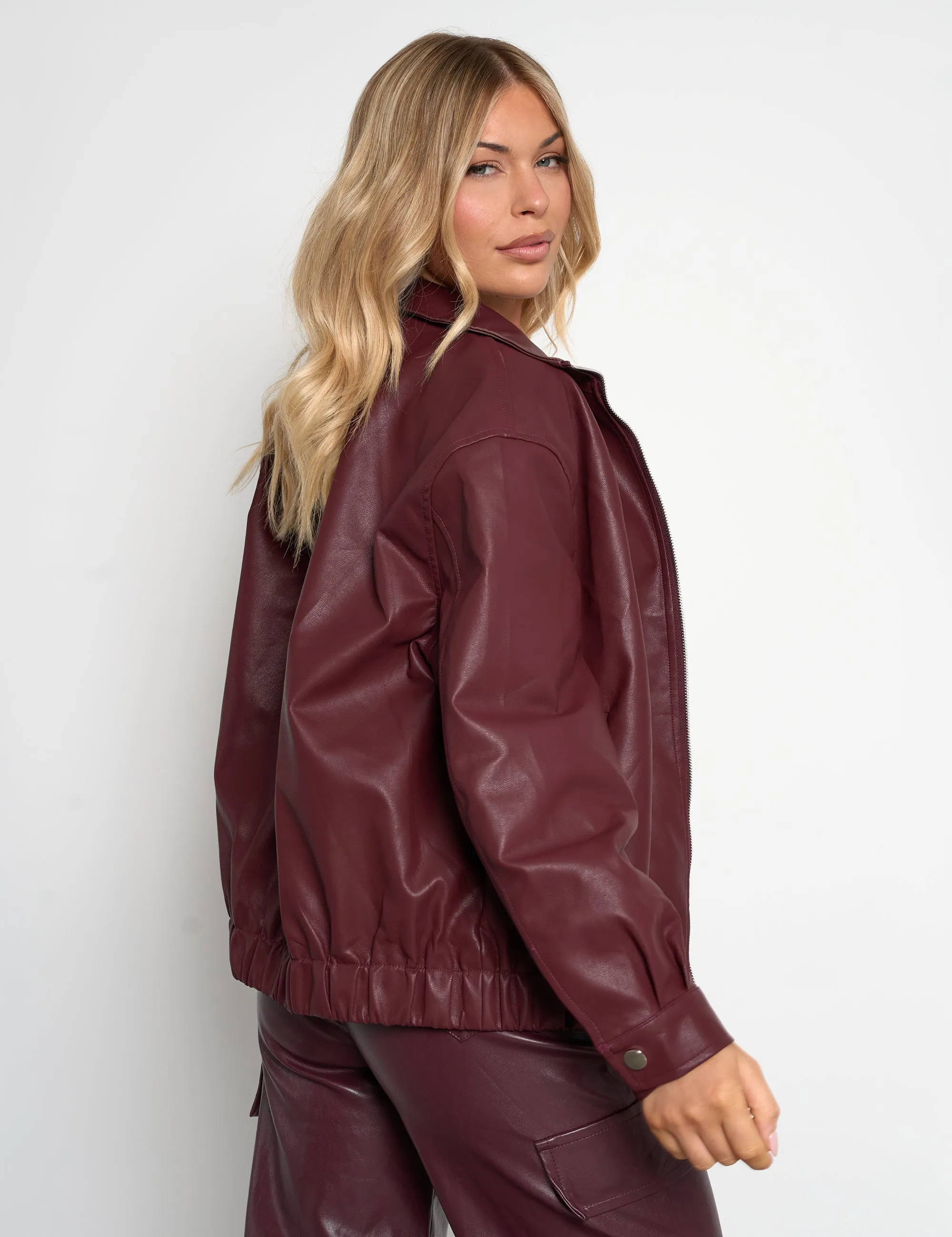 Faux Leather Oversized Bomber Jacket Burgundy