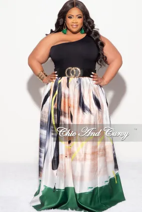 Final Sale Plus Size Maxi Satin Skirt in Tan, Black, White, Neon and Green Print (Skirt Only)