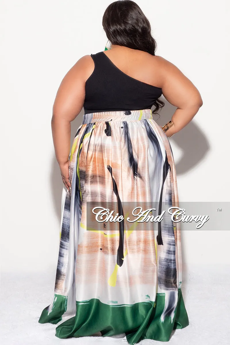 Final Sale Plus Size Maxi Satin Skirt in Tan, Black, White, Neon and Green Print (Skirt Only)