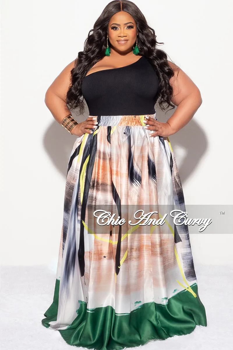 Final Sale Plus Size Maxi Satin Skirt in Tan, Black, White, Neon and Green Print (Skirt Only)