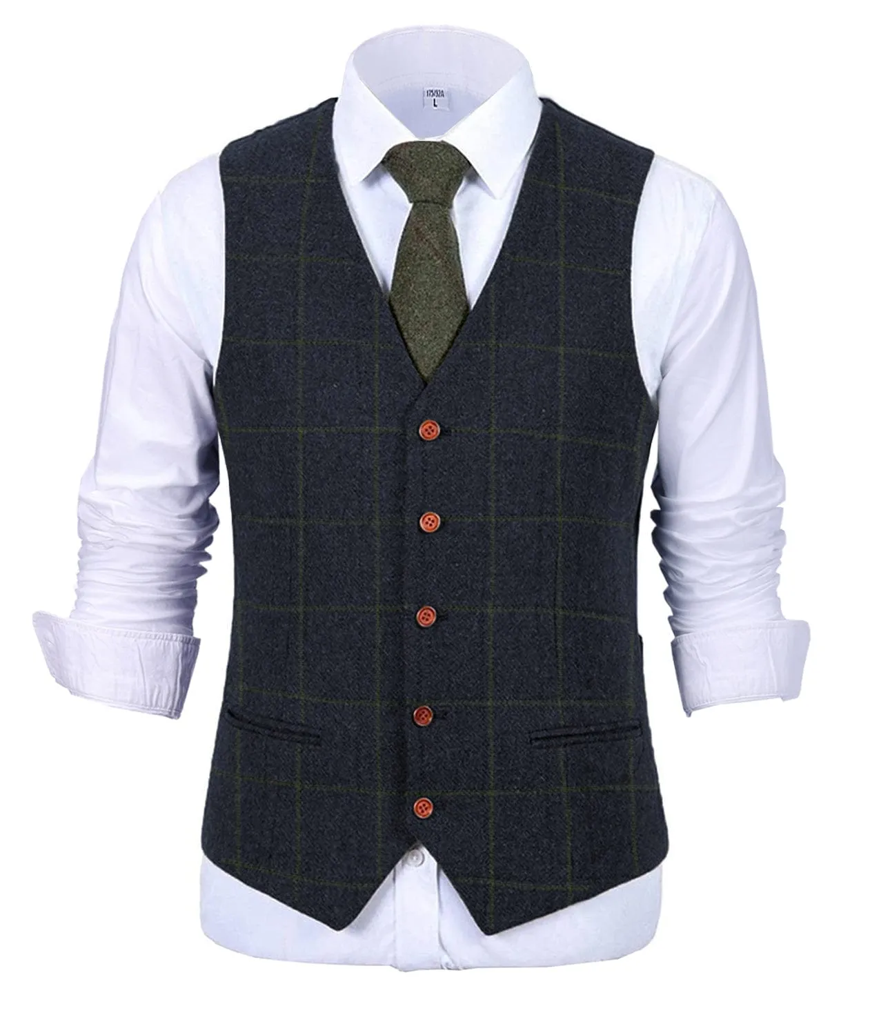 Formal Men's Suit Vest Tweed Plaid V Neck Waistcoat