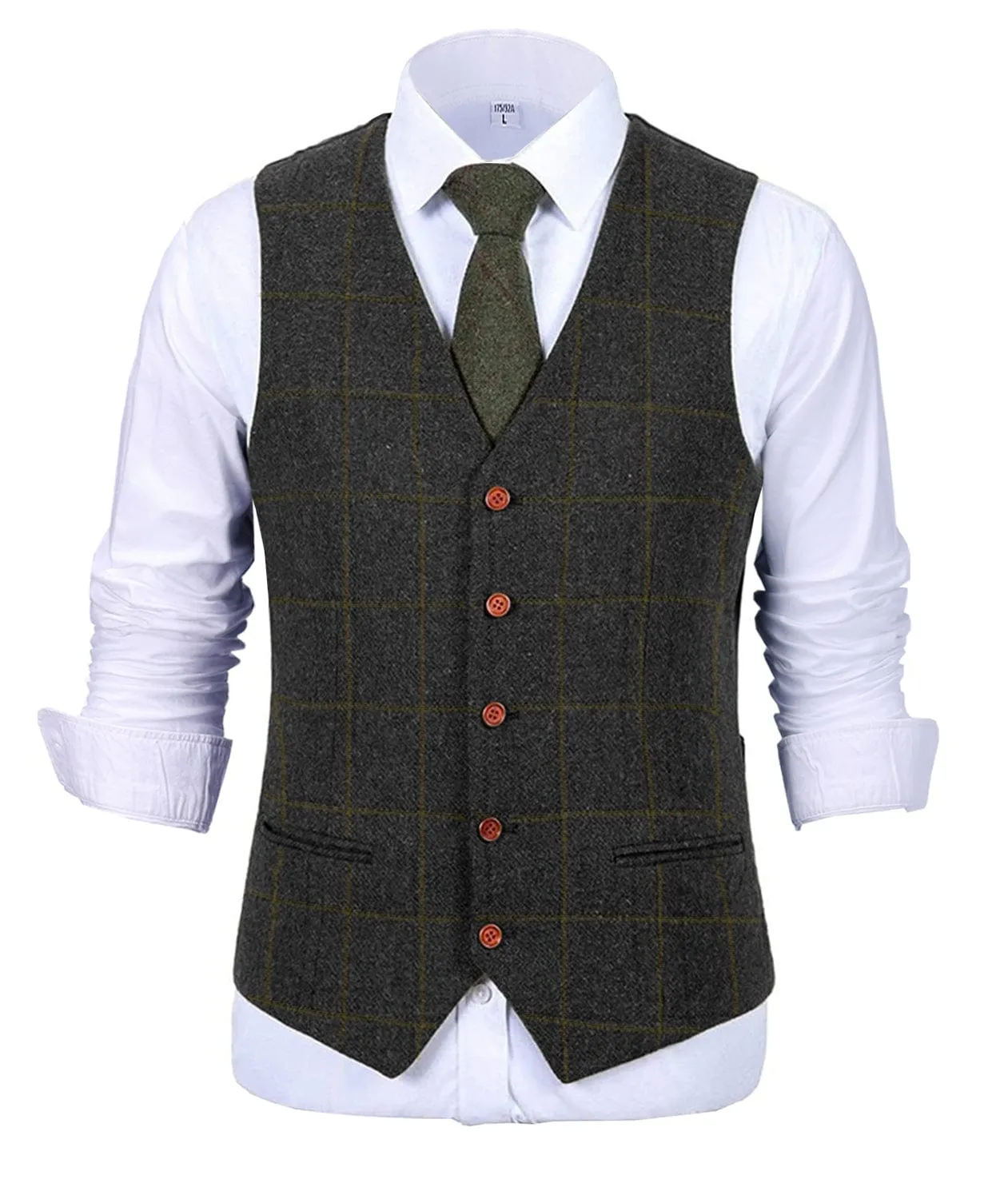 Formal Men's Suit Vest Tweed Plaid V Neck Waistcoat