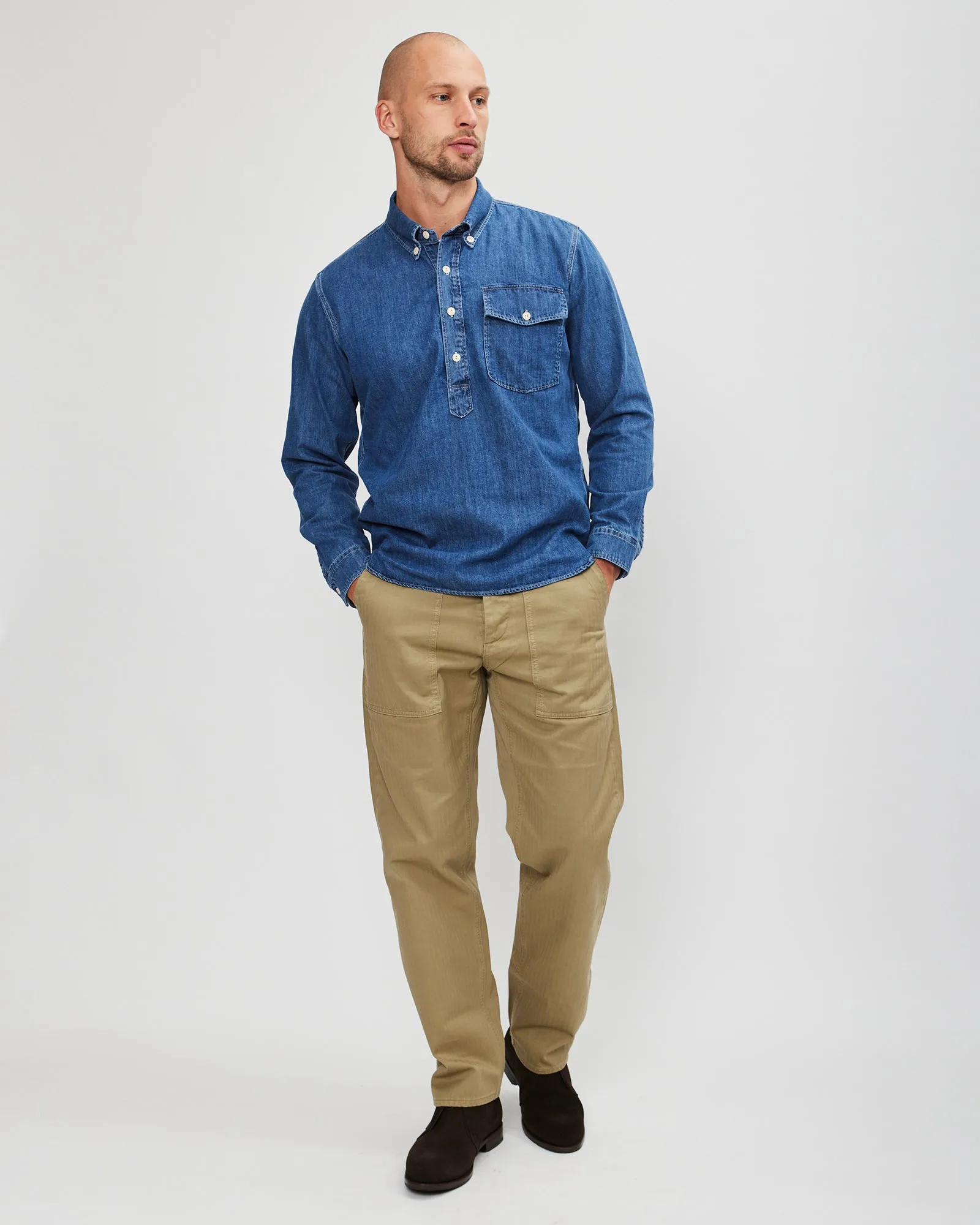 Fortela Stone Washed Denim Half Placket Button-Down Shirt