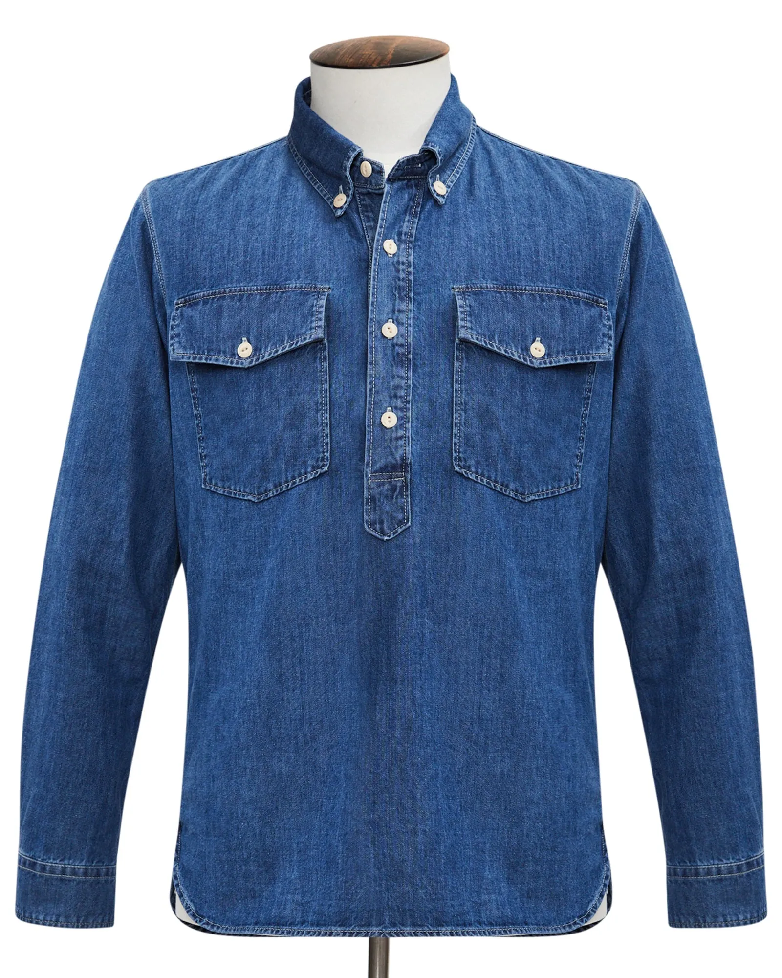 Fortela Stone Washed Denim Half Placket Button-Down Shirt