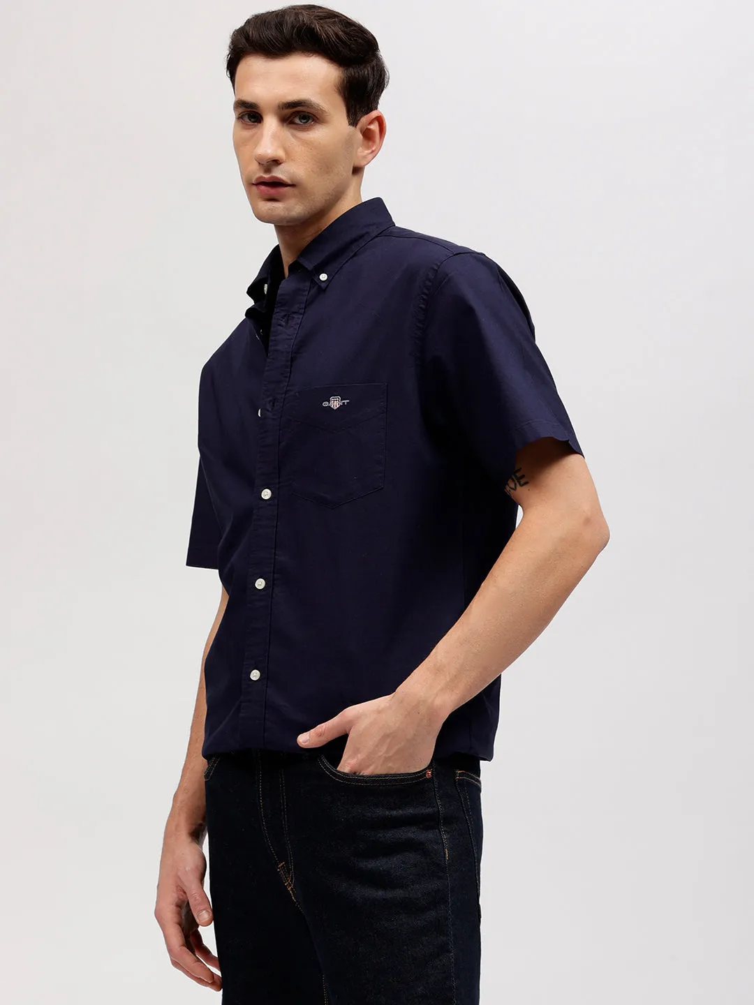 Gant Men Blue Solid Button-down Collar Short Sleeves Linen Shirt