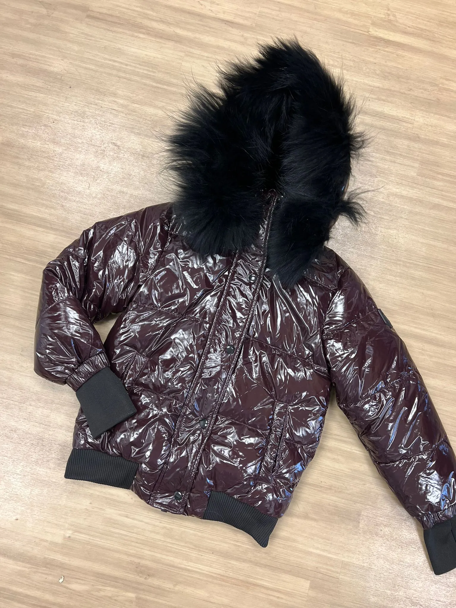 GIRLS BOMBER-BSHINY BURGUNDY-Black Fur