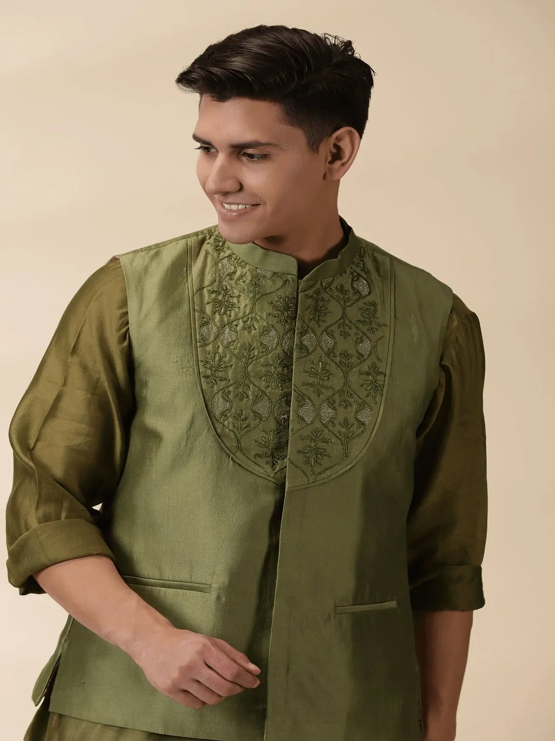 Green Chanderi Men Nehru Jacket