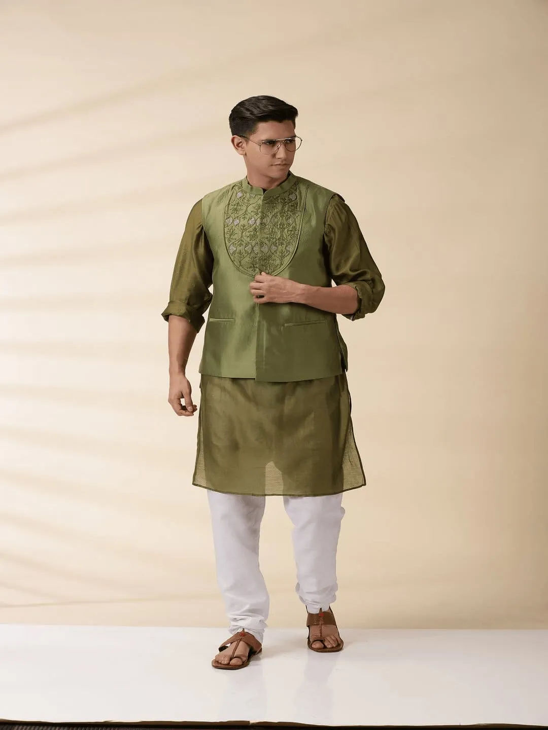 Green Chanderi Men Nehru Jacket