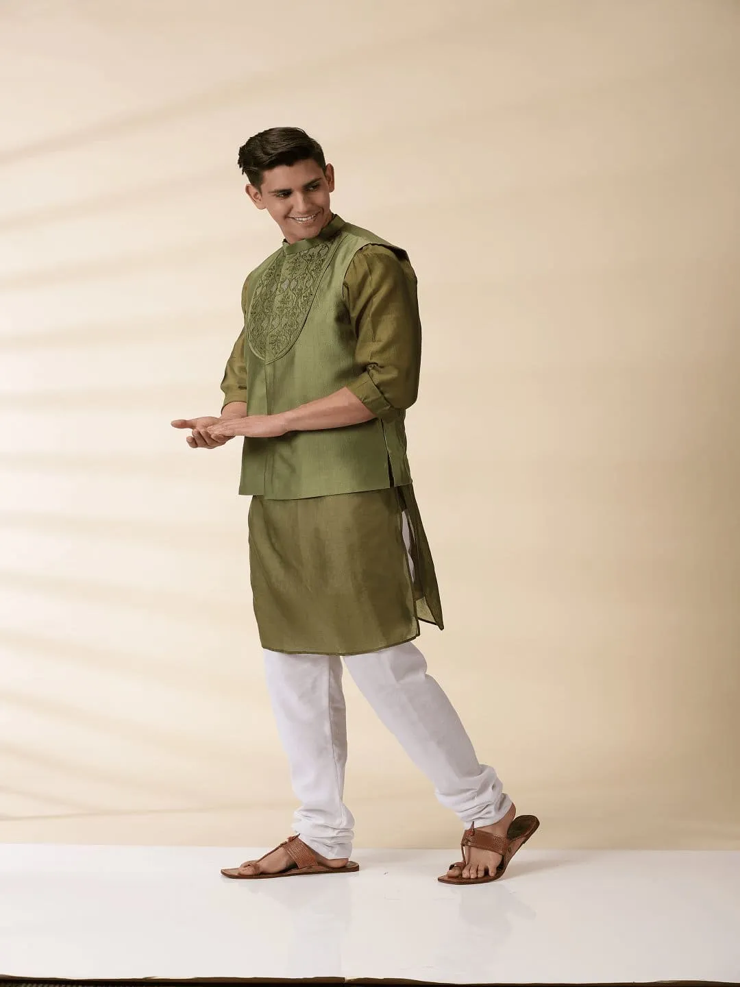 Green Chanderi Men Nehru Jacket