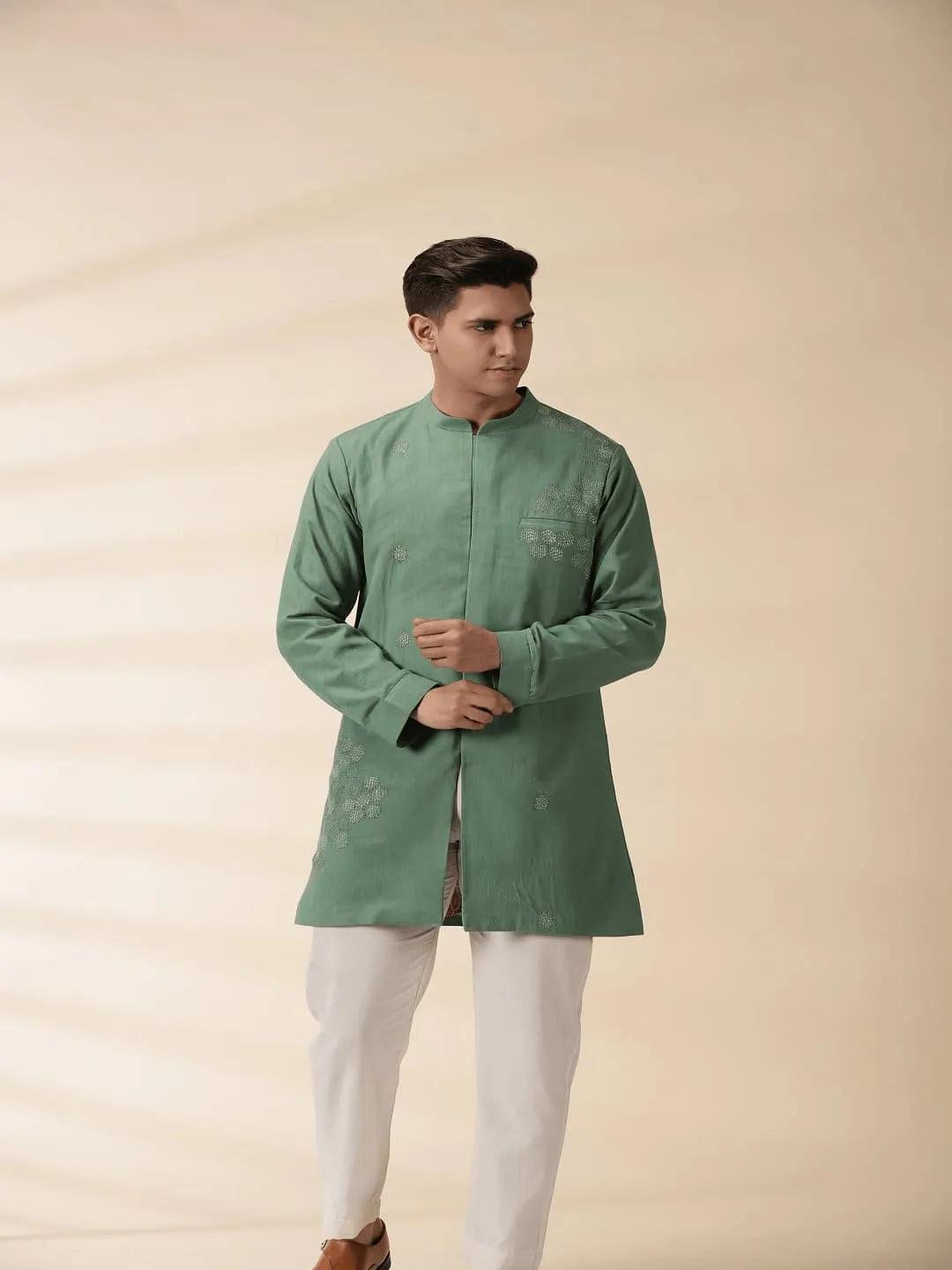 Green Long Jacket Style Men Kurta