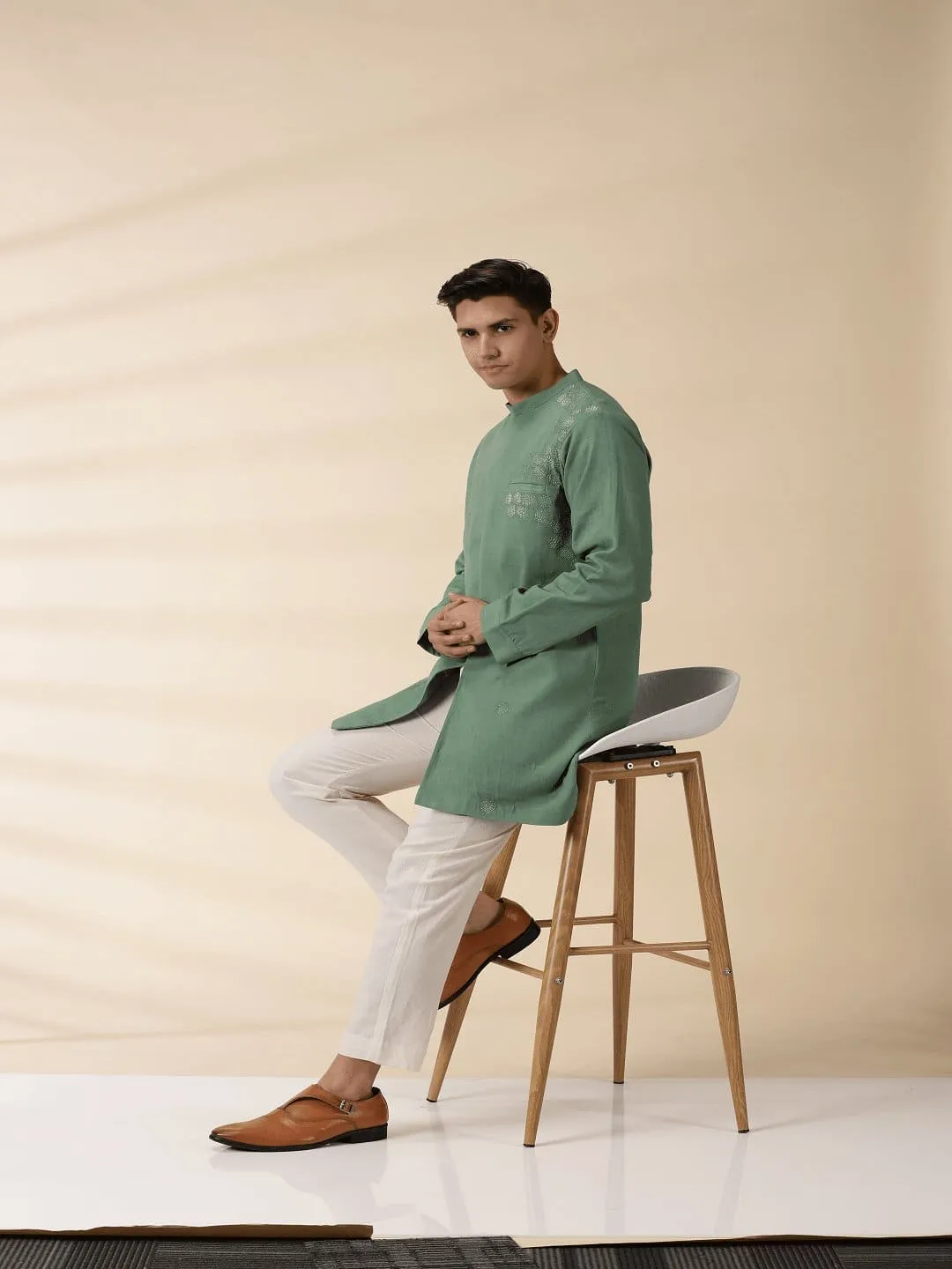 Green Long Jacket Style Men Kurta