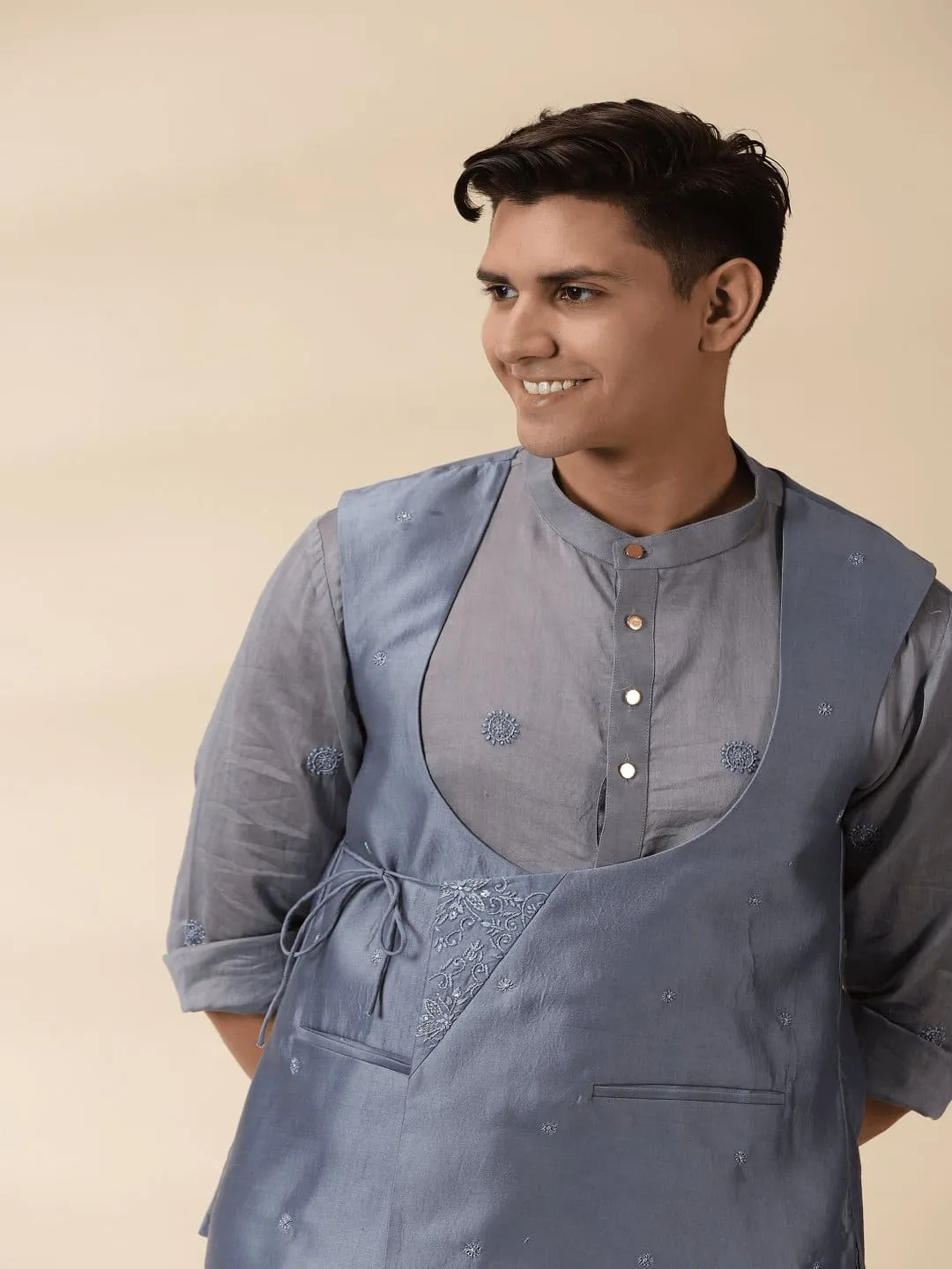 Grey Chanderi Men Achkan Nehru Jacket