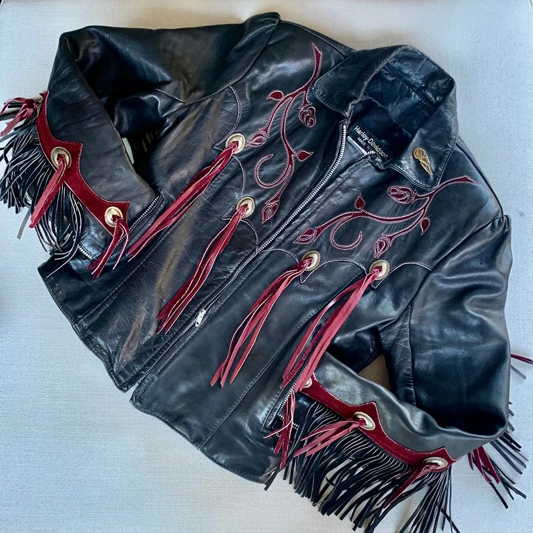 HARLEY-DAVIDSON Vintage Rose Fringe Black Leather Biker Motorcycle Jacket