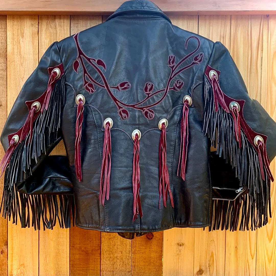 HARLEY-DAVIDSON Vintage Rose Fringe Black Leather Biker Motorcycle Jacket