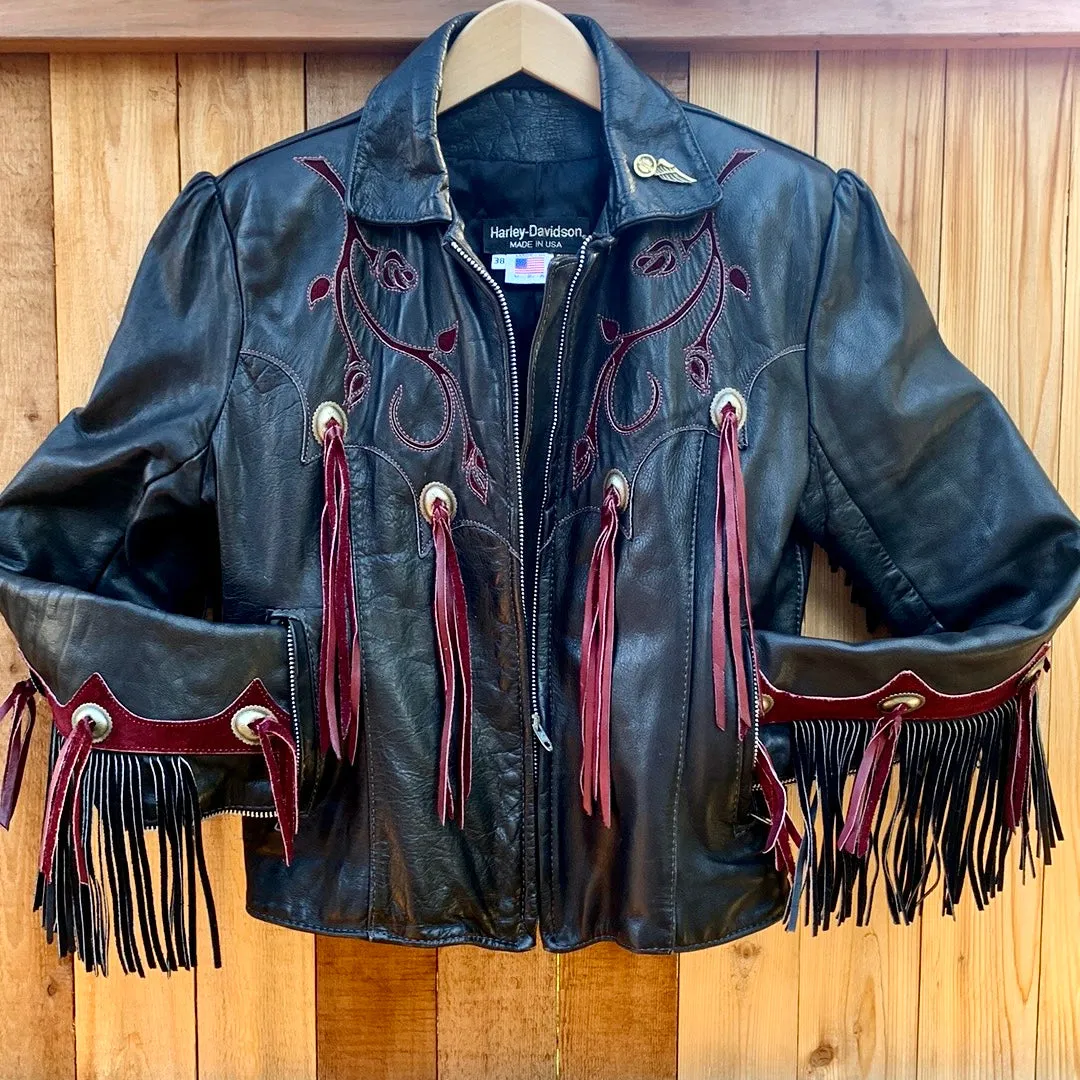 HARLEY-DAVIDSON Vintage Rose Fringe Black Leather Biker Motorcycle Jacket