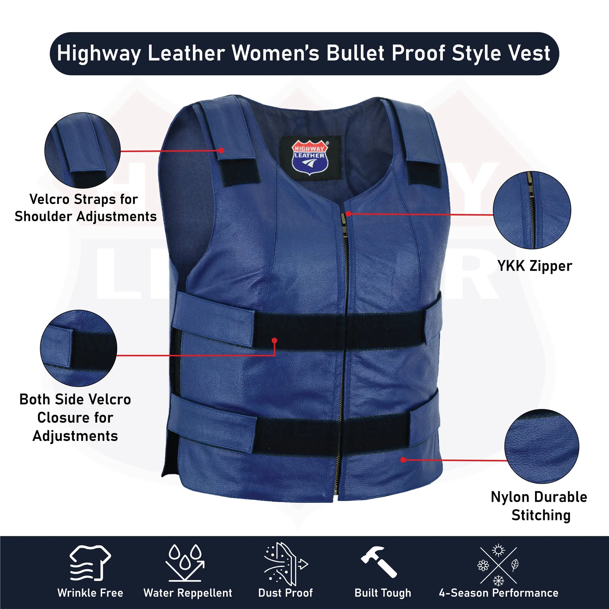 HL14945NV-BLU48 Navy Blue bulletproof Style Motorcycle Club Leather Vest - Women Shade 48