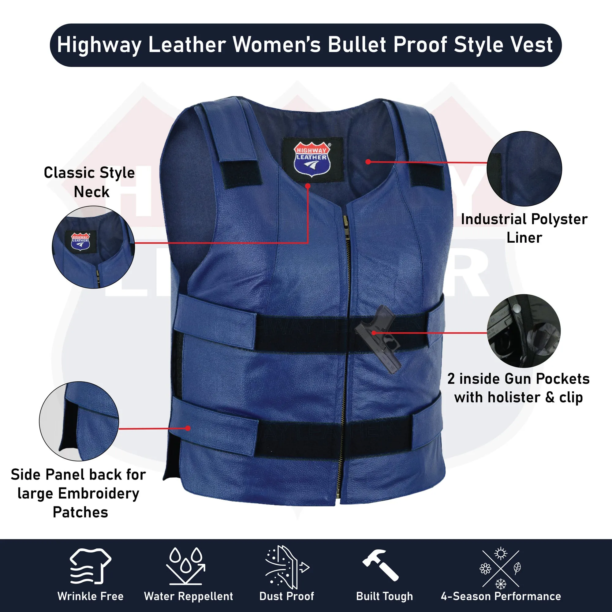 HL14945NV-BLU48 Navy Blue bulletproof Style Motorcycle Club Leather Vest - Women Shade 48