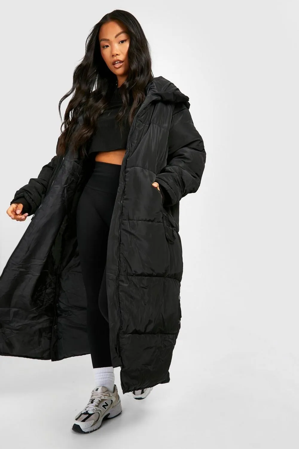 HOODED LONGLINE PUFFER JACKET-BLACK