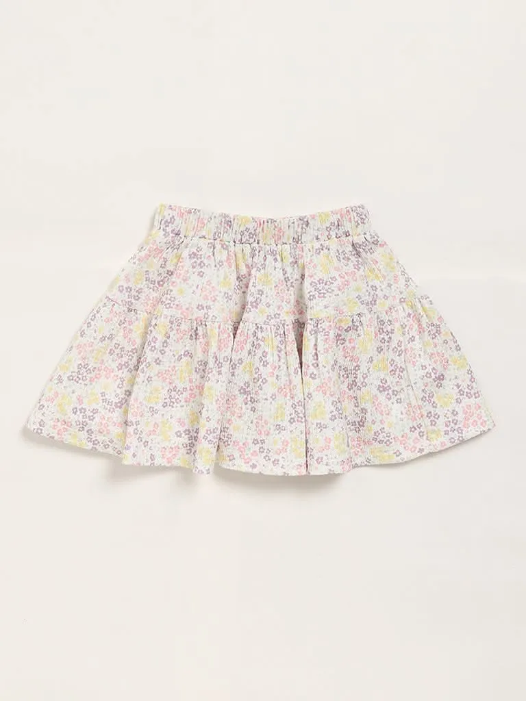 HOP Kids Floral Print White Pleated Skirt