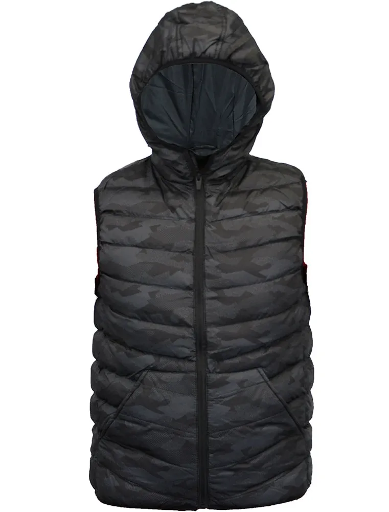 Hugo Camo Printed Puffer Gilet with Hood in Black