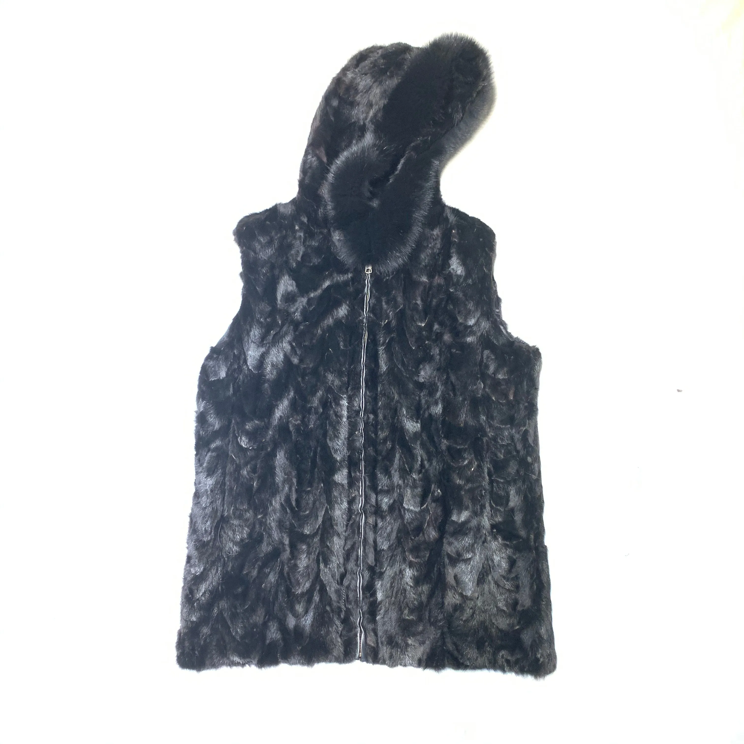 Kashani Men's Black Diamond Cut Mink Fur Fox Hooded Vest