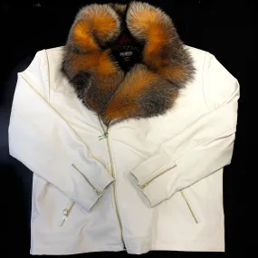 Kashani Men's White LambSkin Red Fox Collar Biker Jacket