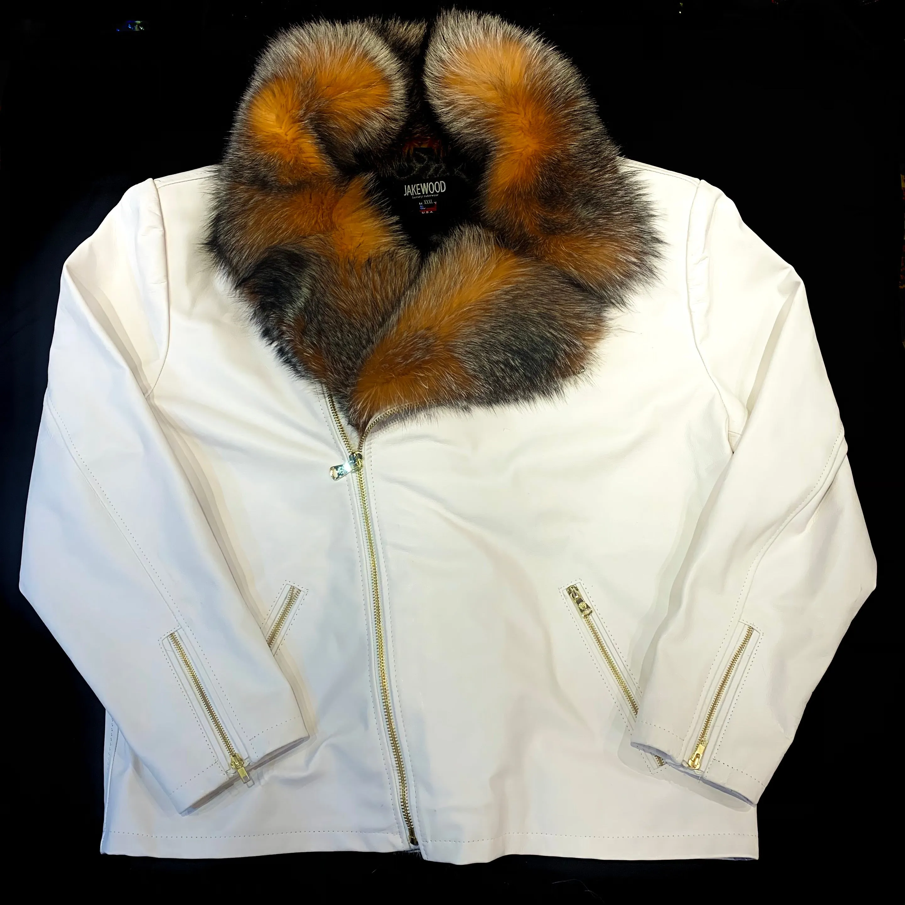 Kashani Men's White LambSkin Red Fox Collar Biker Jacket