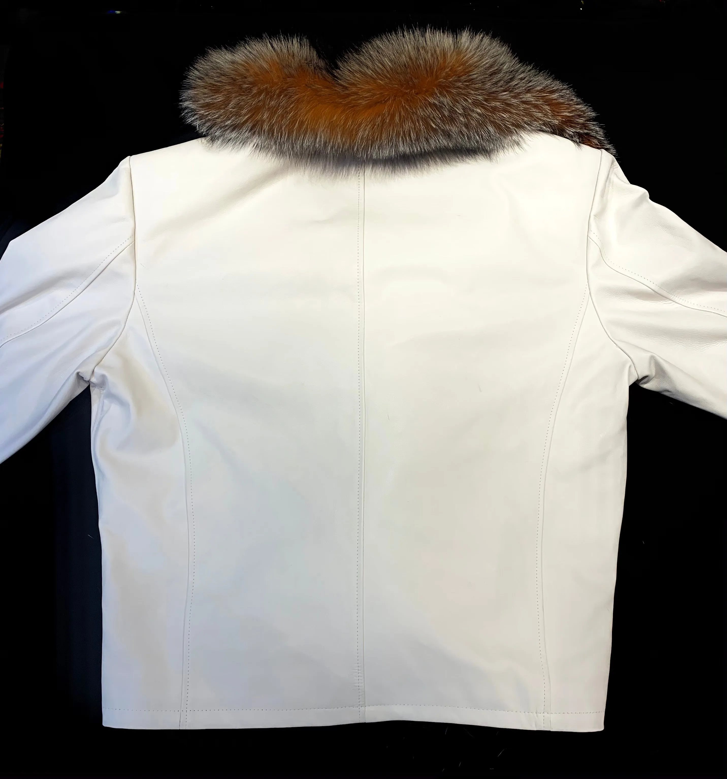 Kashani Men's White LambSkin Red Fox Collar Biker Jacket