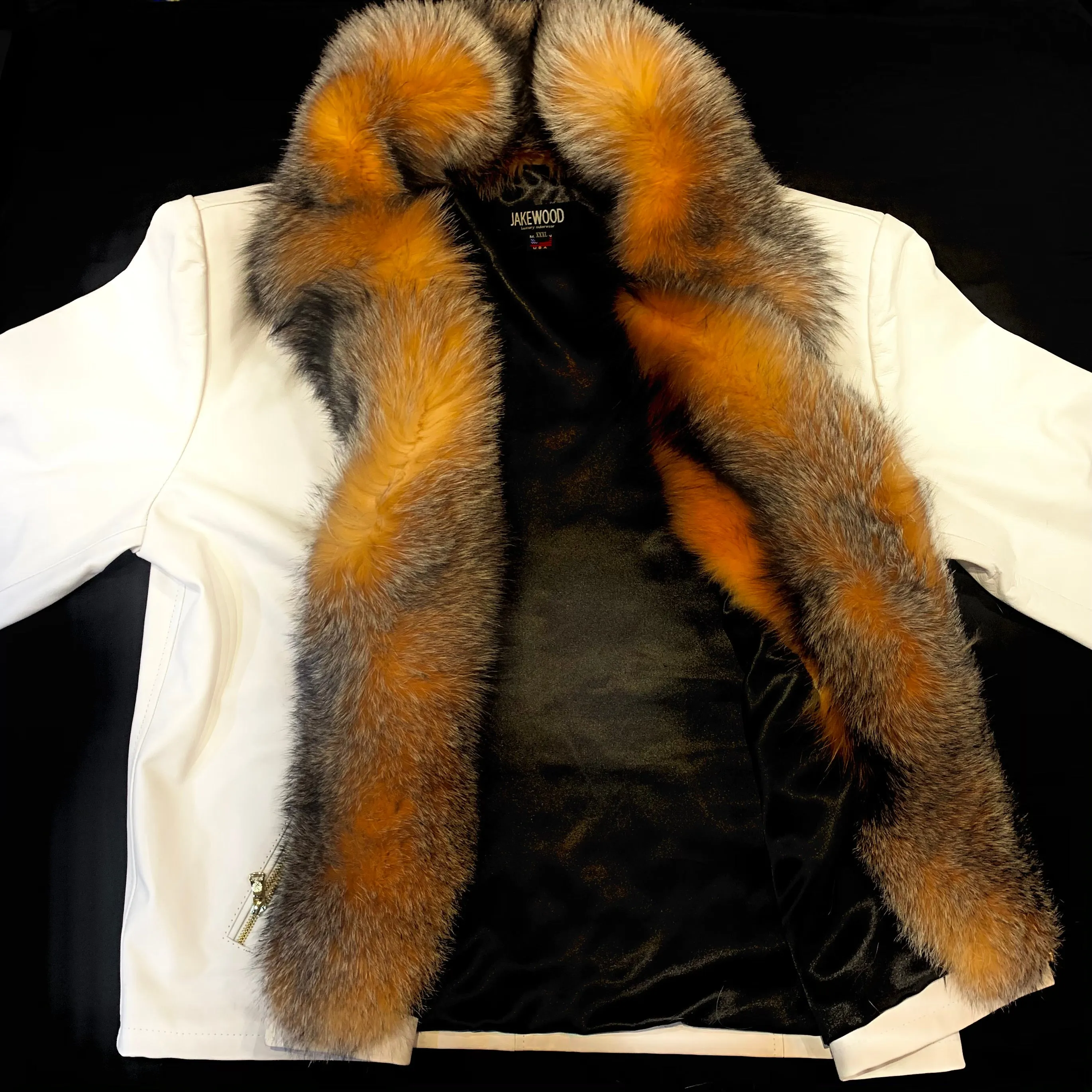 Kashani Men's White LambSkin Red Fox Collar Biker Jacket