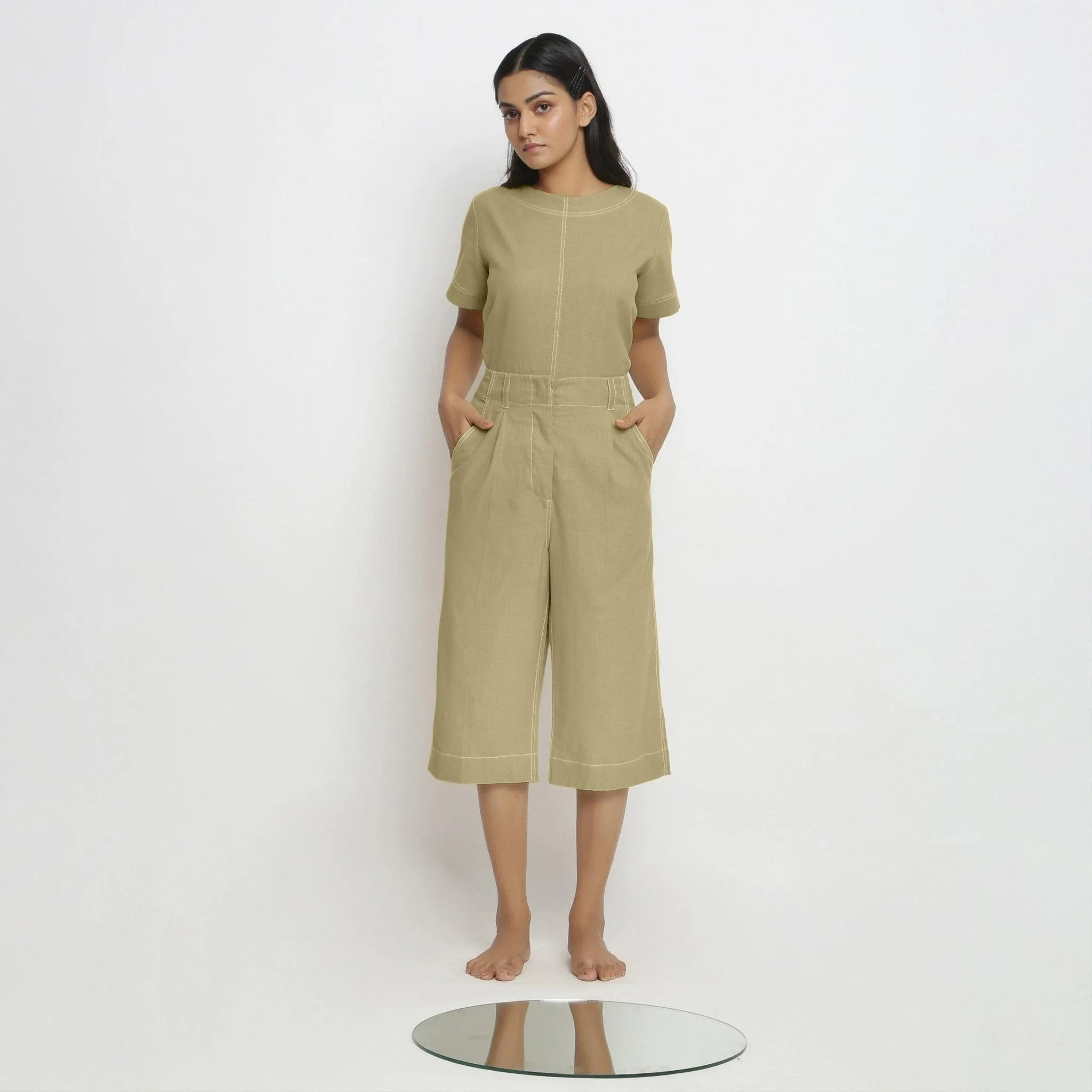 Khakhi Green Handspun Cotton Mid-Rise Culottes