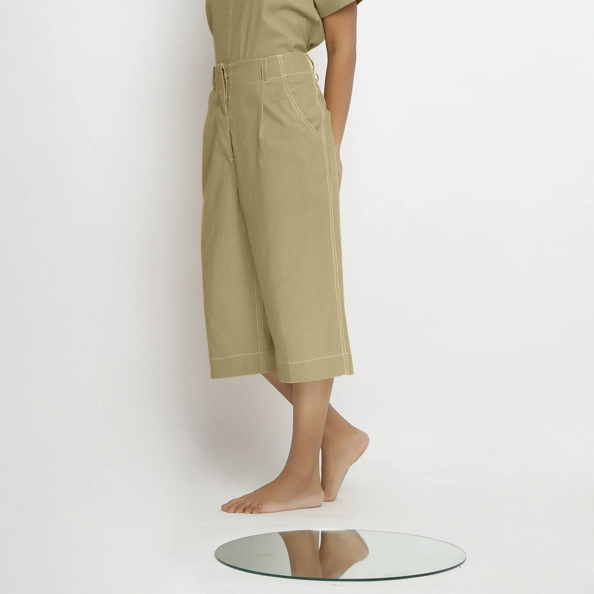 Khakhi Green Handspun Cotton Mid-Rise Culottes