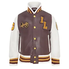 Kids Burgundy Genuine Leather Bomber Jacket Baseball Letterman Coat