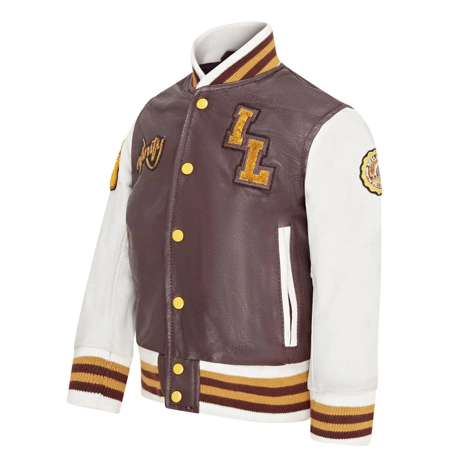 Kids Burgundy Genuine Leather Bomber Jacket Baseball Letterman Coat