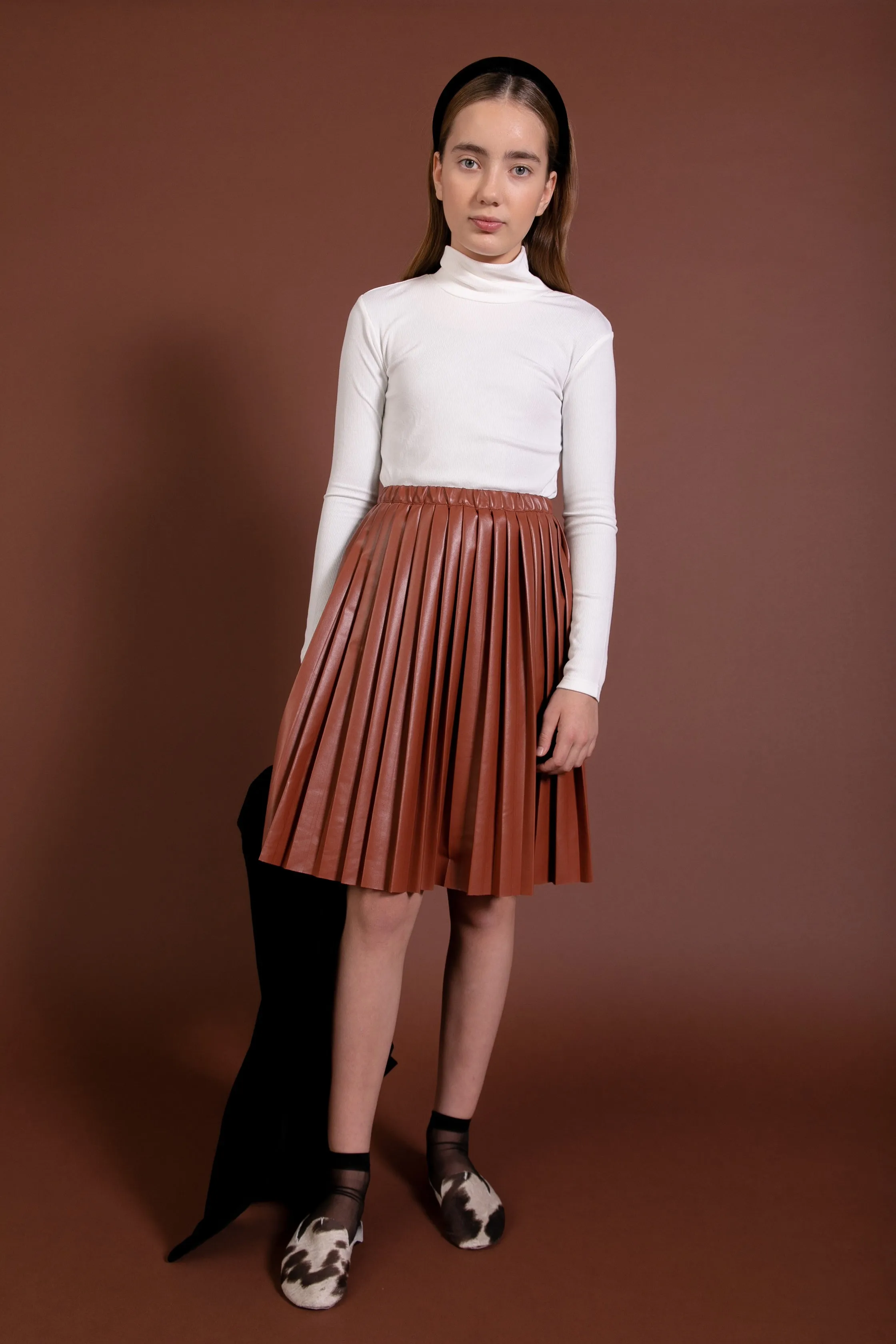 KIPP COGNAC LEATHER PLEATED SKIRT