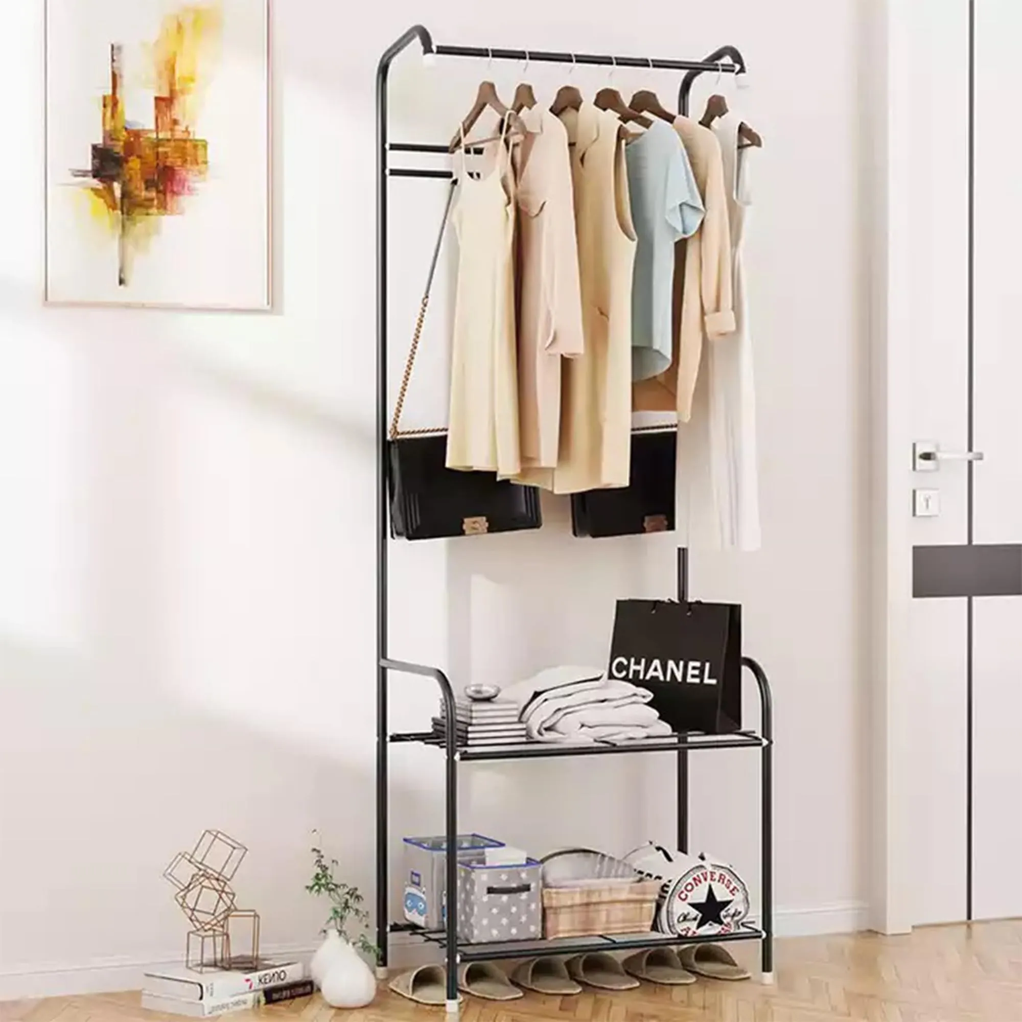 Kuber Industries Cloth Hanger and Organiser for Coat Hat Handbag Umbrella | Display Rack for Home Office Showroom | Stainless Steel|Color-Black| HM003BK