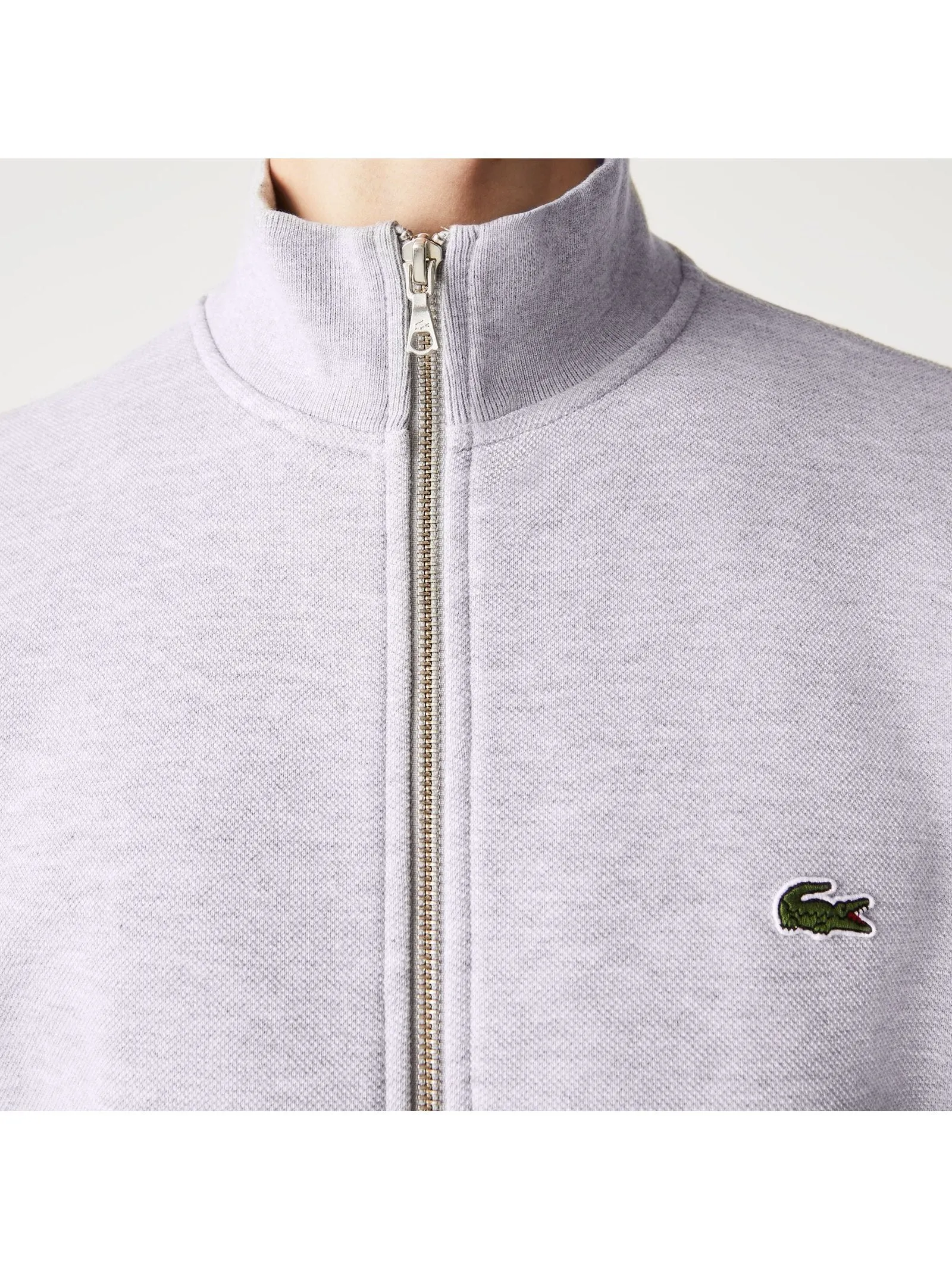 Lacoste Men's Zippered Stand-Up Collar Piqué Fleece Jacket Grey Chine SH2178 CCA