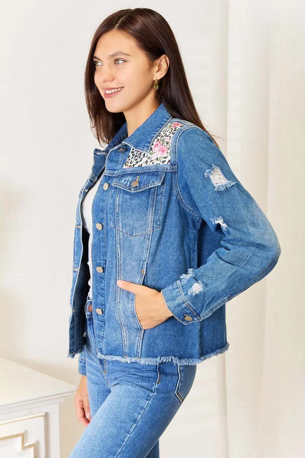 Leopard Floral Distressed Denim Jacket