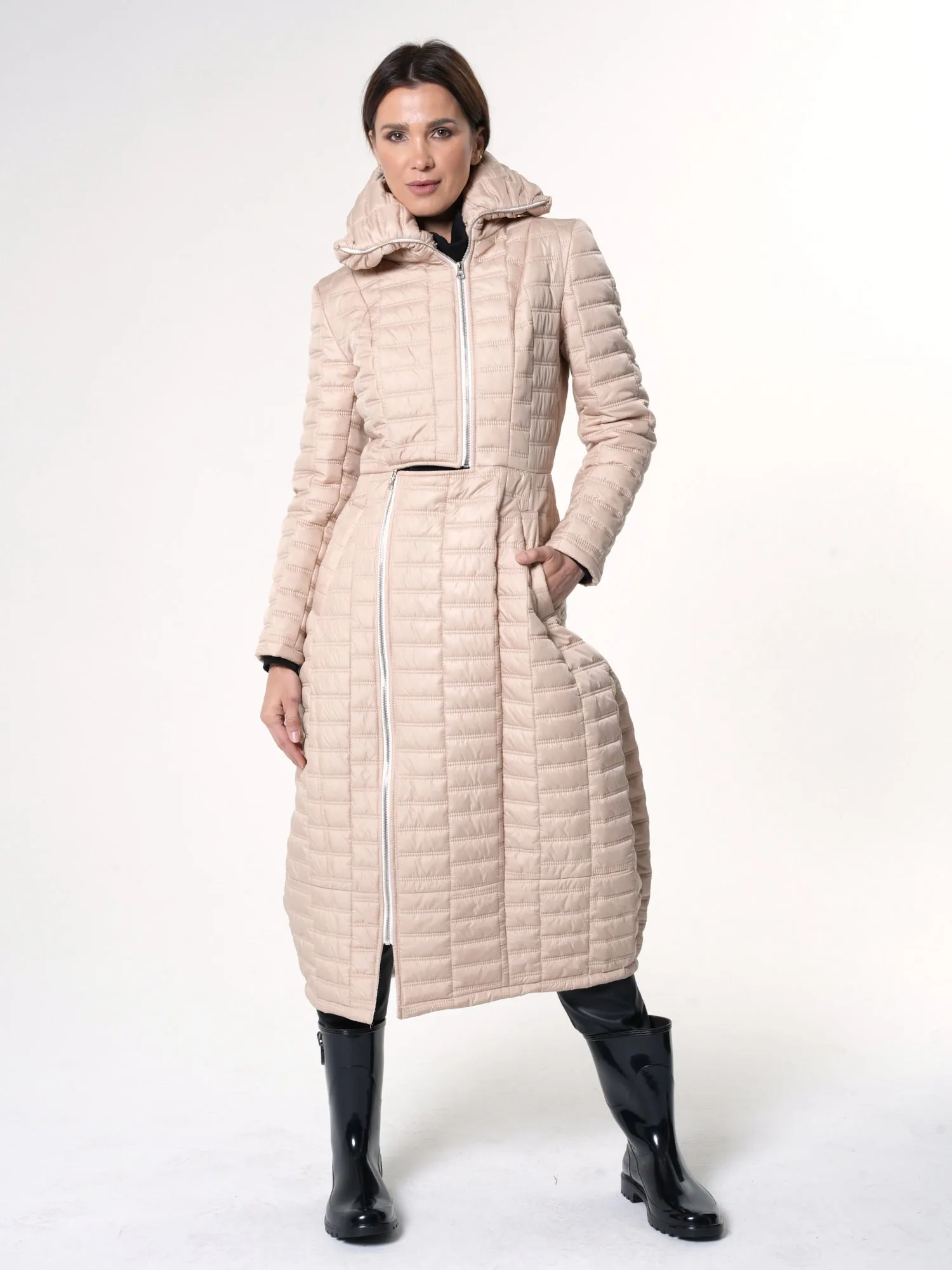 Long Quilted Coat In Beige