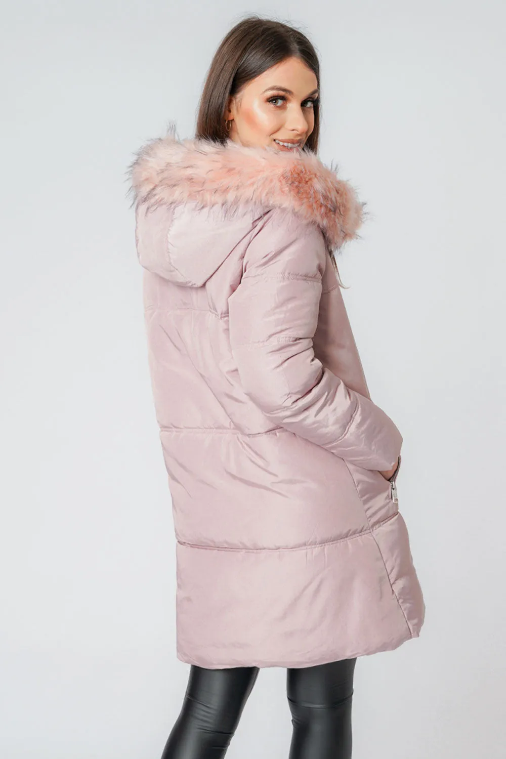 Long Quilted Faux Fur Hooded Coat